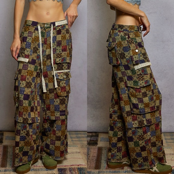 POL Pants - POL Patchwork Taupe Floral Twill Lace Drawstring Pants